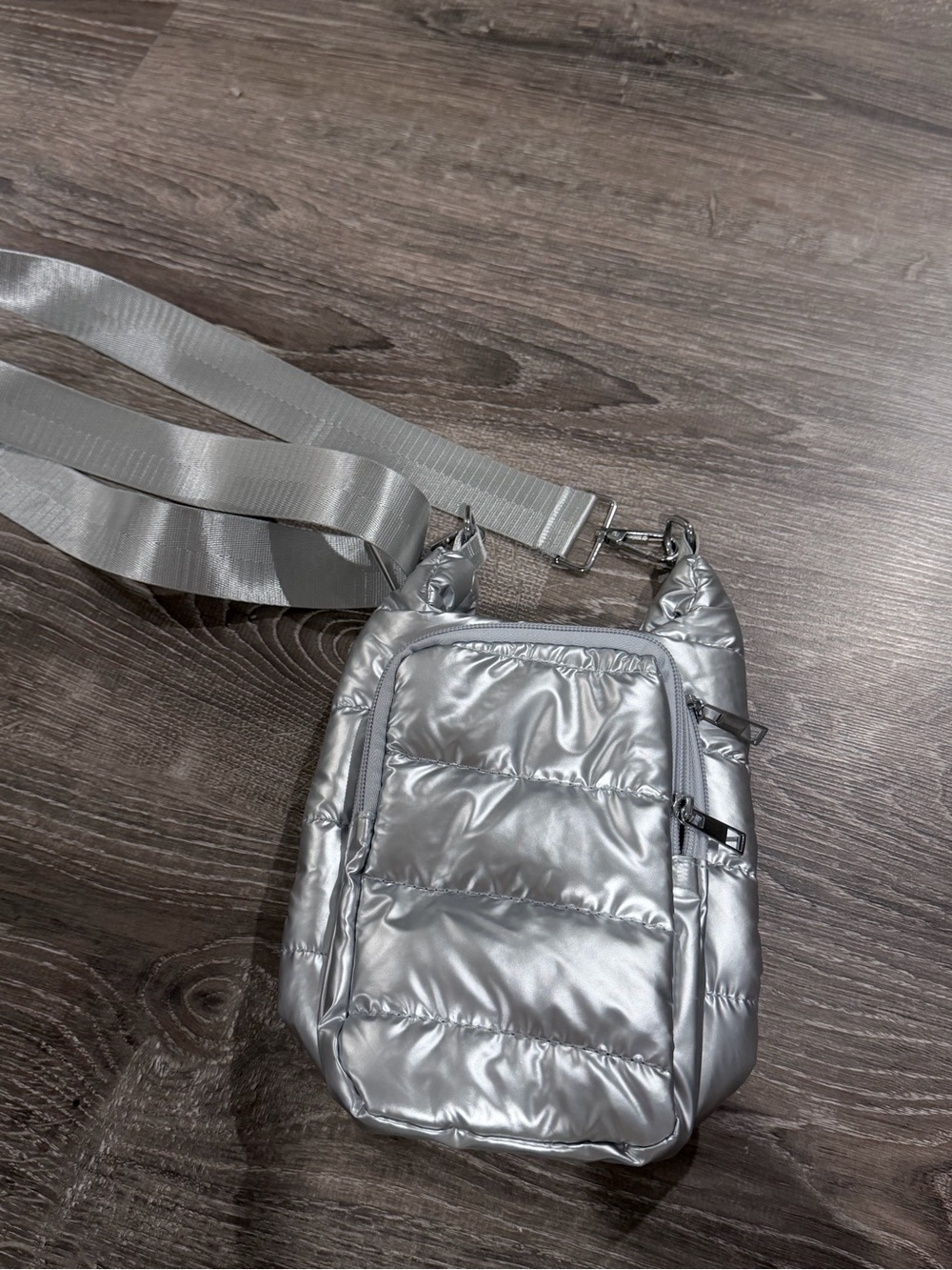 Silver Puffer Quilted Crossbody Sling Bag Metallic Puffy Purse